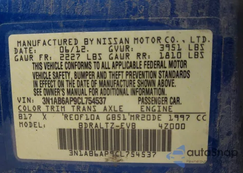 2012 Nissan Sentra 2.0 Sr z USA, uszkodzony, nr VIN 3N1AB6AP9CL754537